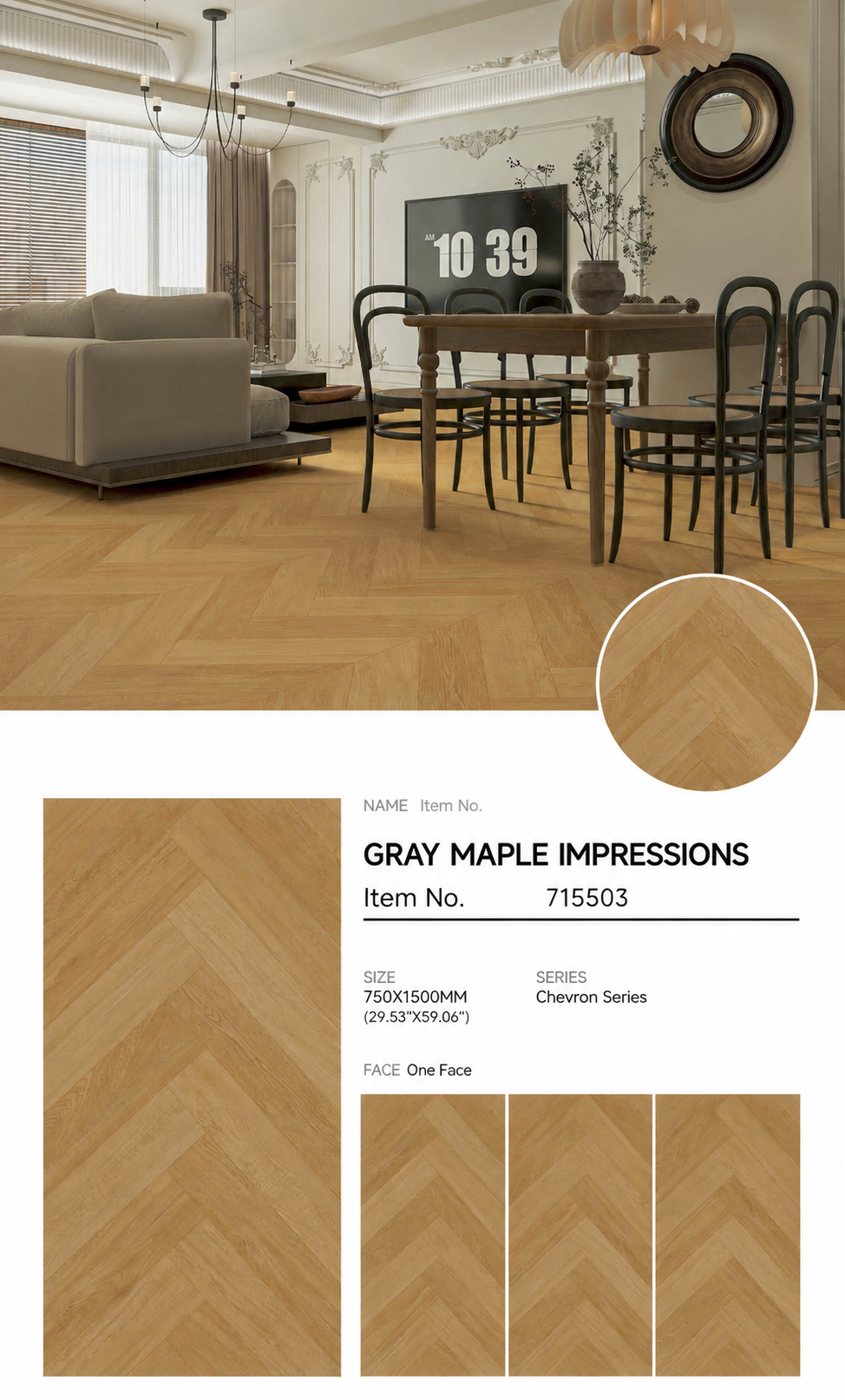 Wood Look Porcelain Floor Tile Herringbone Plank 750x1500mm - Living Room Hallway Open Plan - Item No. 715503