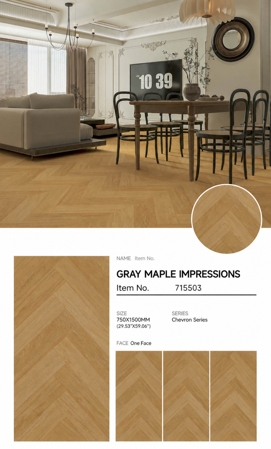 Wood Look Porcelain Floor Tile Herringbone Plank 750x1500mm - Living Room Hallway Open Plan - Item No. 715503