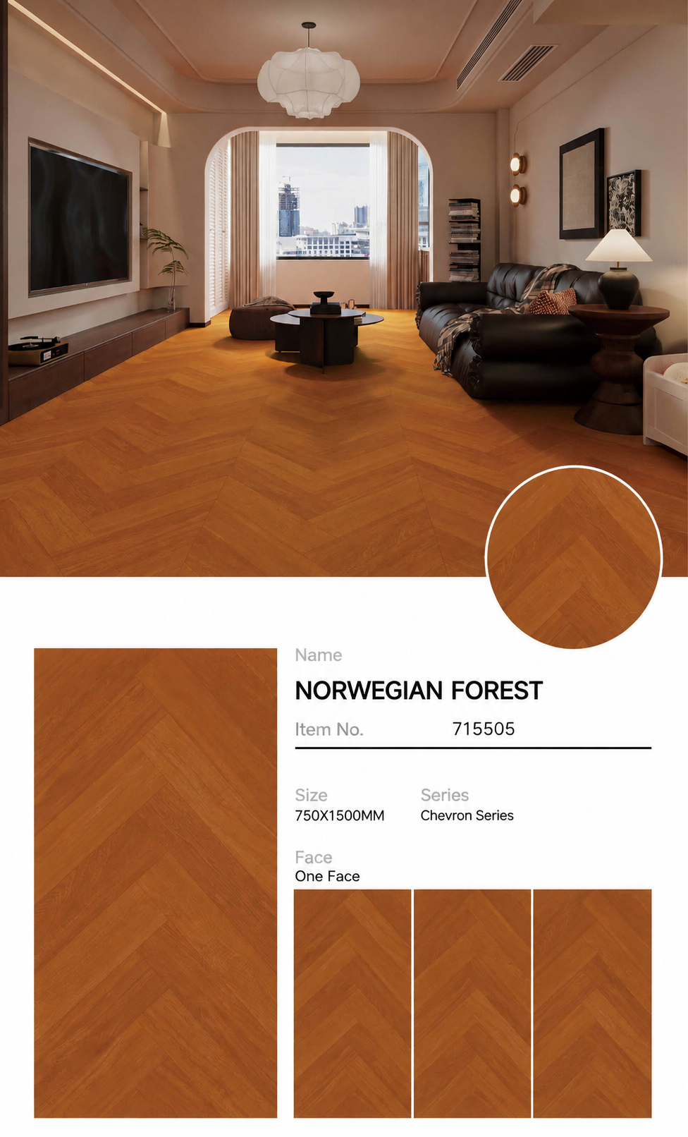 Wood Look Porcelain Floor Tile Herringbone Plank 750x1500mm - Living Room Hallway Open Plan - Item No. 715505