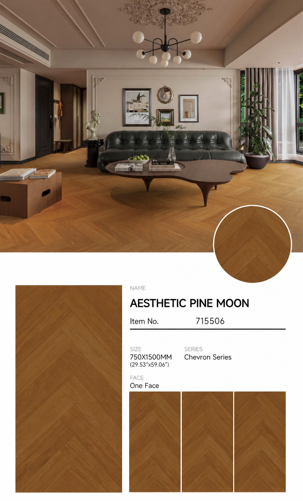 Wood Look Porcelain Floor Tile Herringbone Plank 750x1500mm - Living Room Hallway Open Plan - Item No. 715506