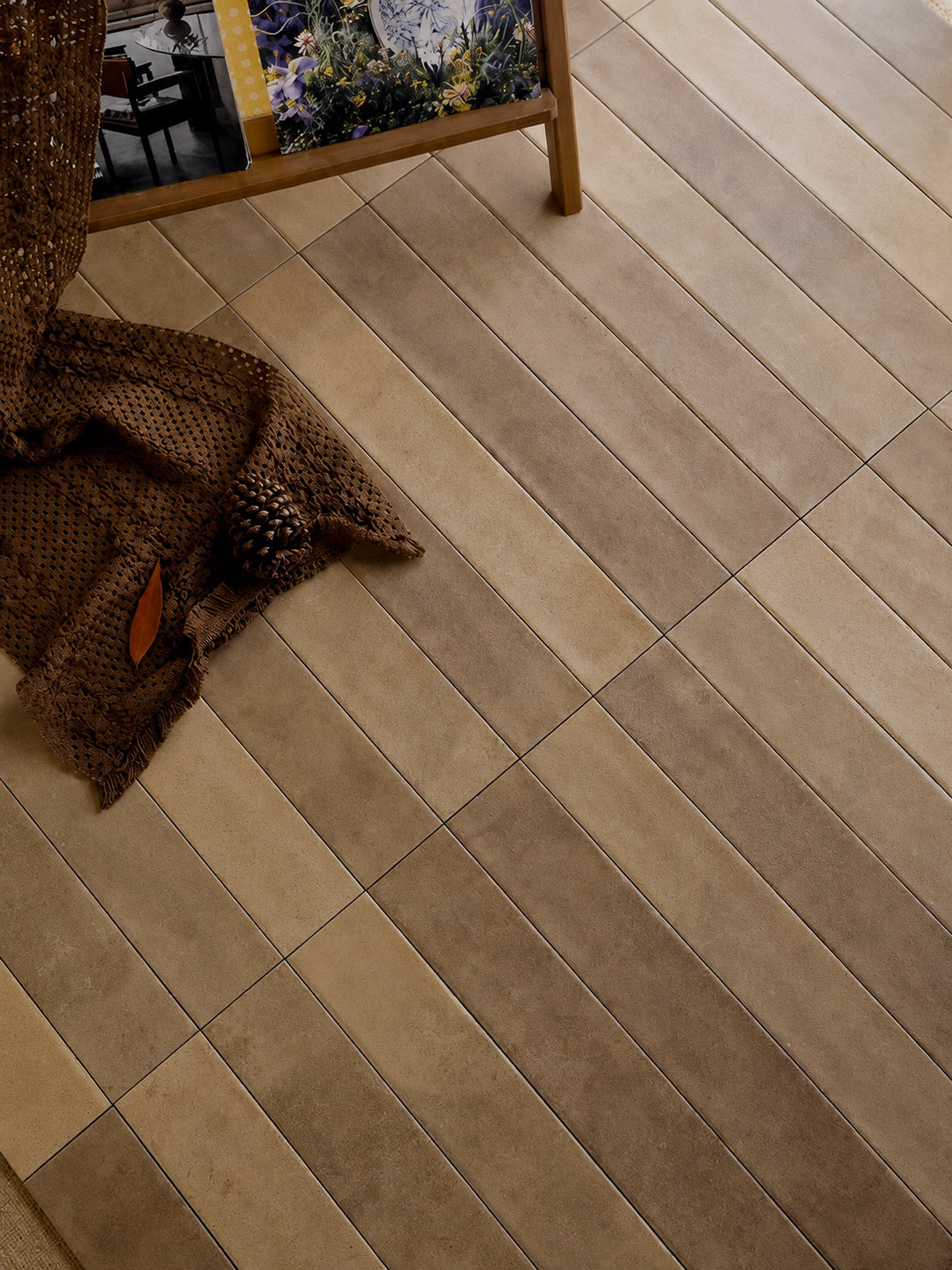 Caramel long strip brick tile 80x480mm cafe bakery boutique feature wall
