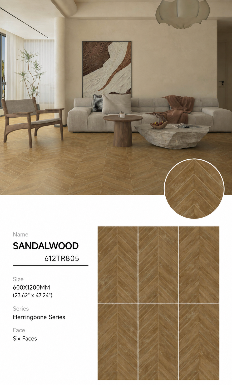 Wood Look Porcelain Floor Tile Velvet Plank 600x1200mm - Living Room Hallway Open Plan - Item No. 612TR805