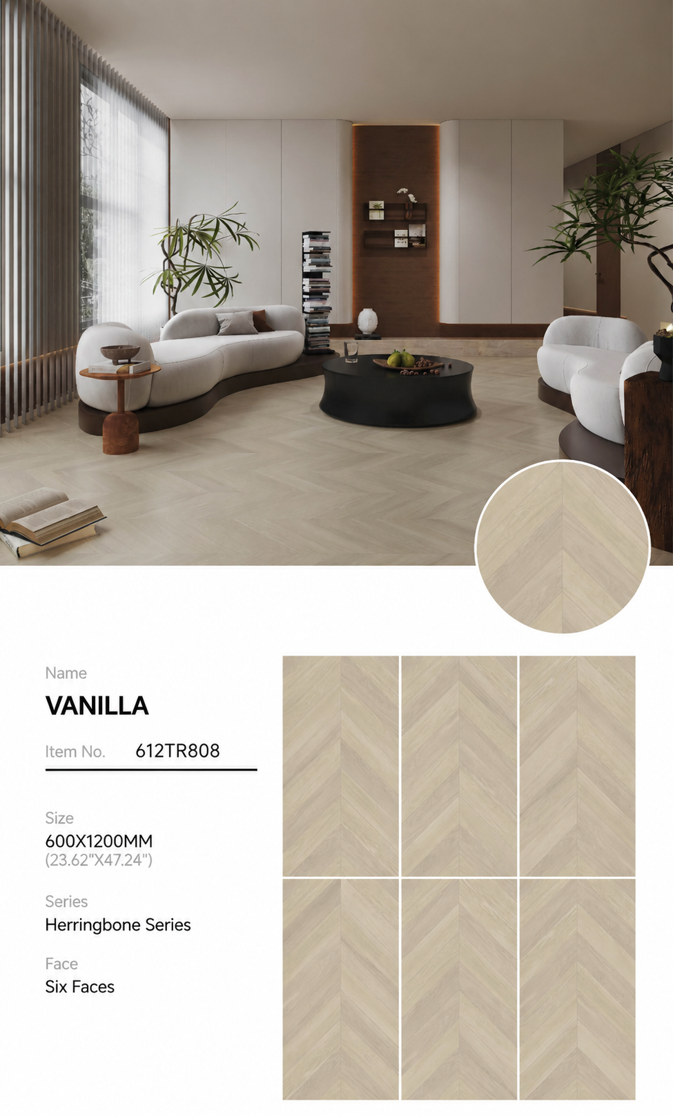 Wood Look Porcelain Floor Tile Velvet Plank 600x1200mm - Living Room Hallway Open Plan - Item No. 612TR808