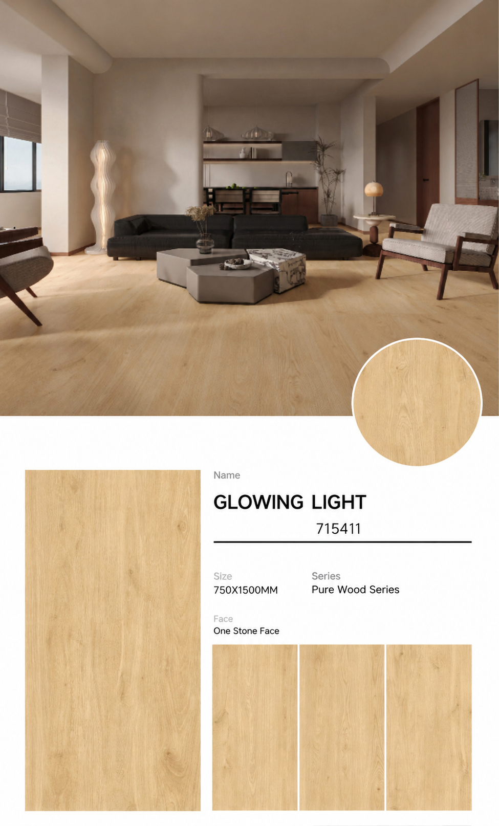 Wood Look Porcelain Floor Tile Natural Wood Plank 750x1500mm - Living Room Hallway Open Plan - Item No. 715411