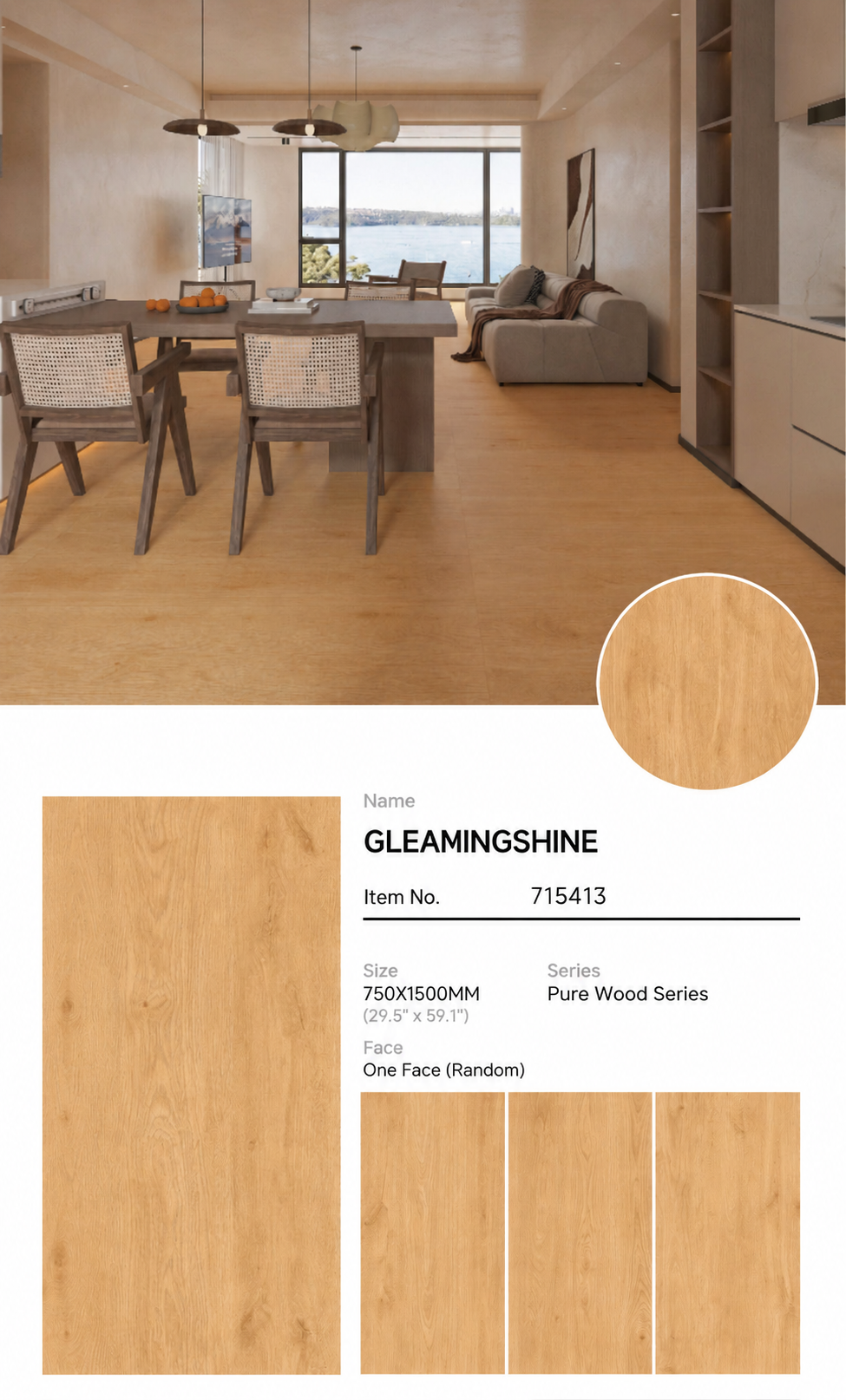Wood Look Porcelain Floor Tile Natural Wood Plank 750x1500mm - Living Room Hallway Open Plan - Item No. 715413