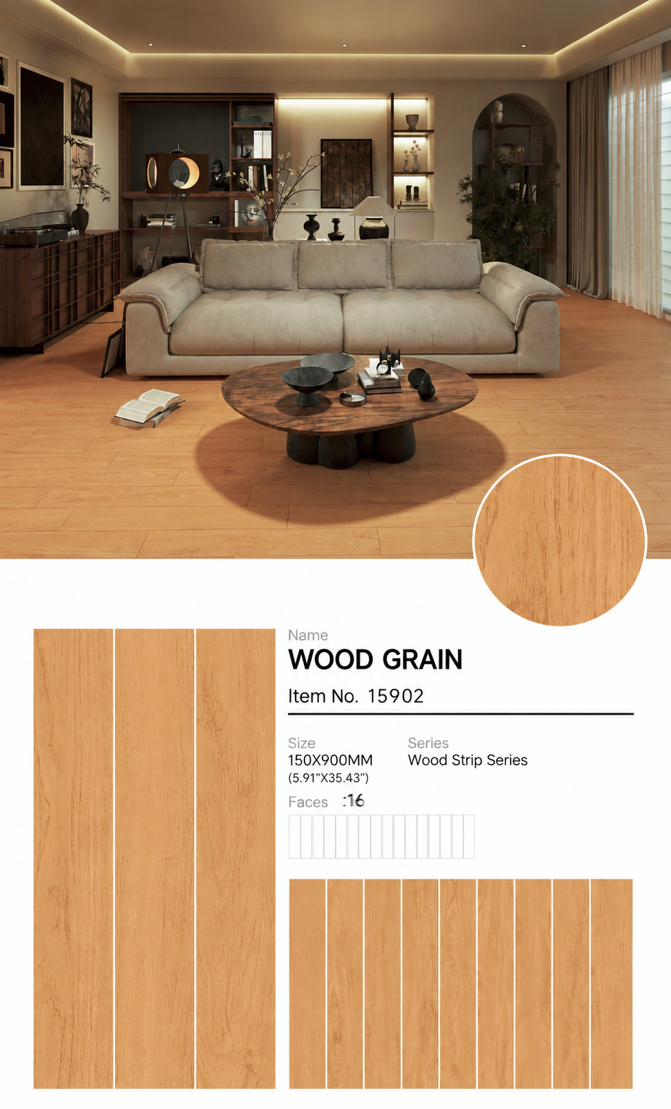 Wood Look Porcelain Floor Tile Plank 150x900mm - Living Room Bedroom Hallway - Item No. 15902