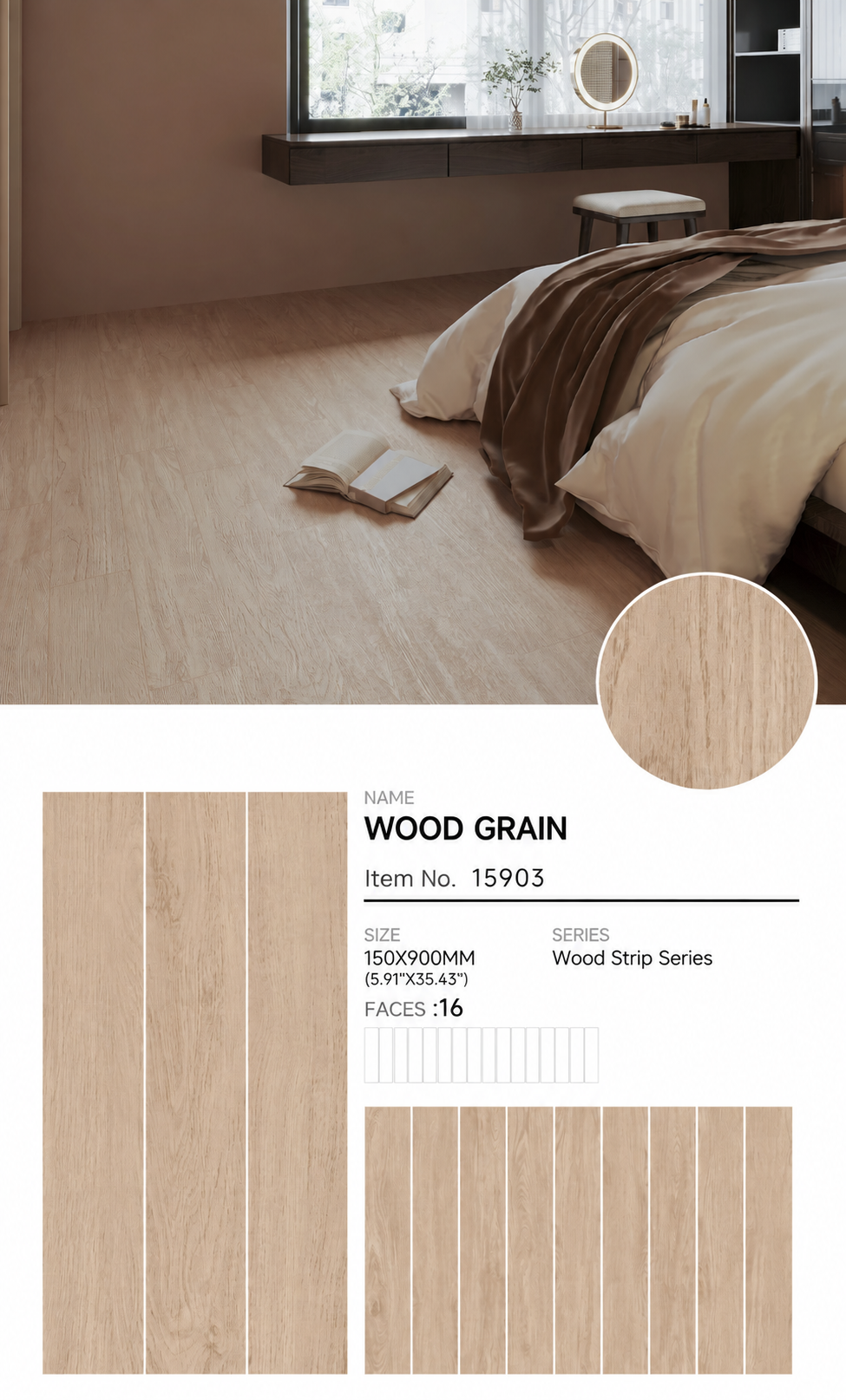 Wood Look Porcelain Floor Tile Plank 150x900mm - Living Room Bedroom Hallway - Item No. 15903