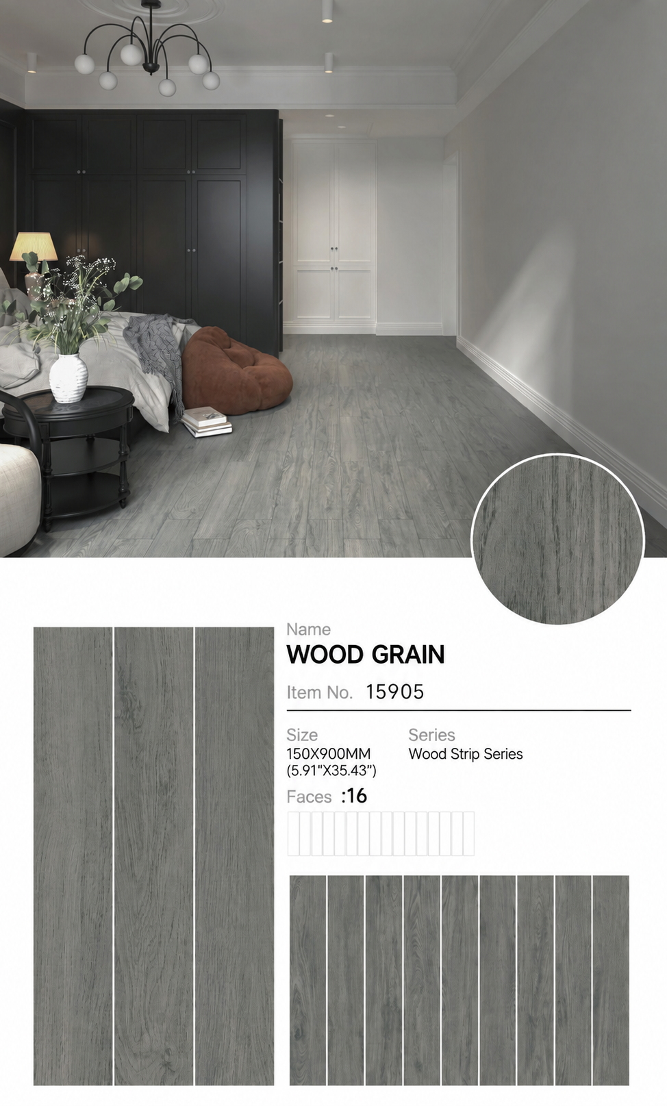 Wood Look Porcelain Floor Tile Plank 150x900mm - Living Room Bedroom Hallway - Item No. 15905