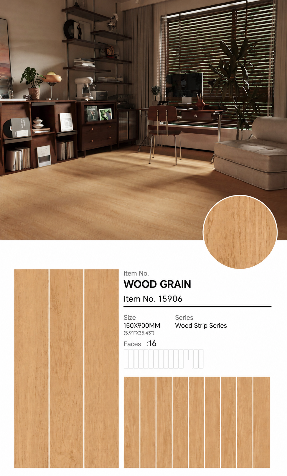 Wood Look Porcelain Floor Tile Plank 150x900mm - Living Room Bedroom Hallway - Item No. 15906