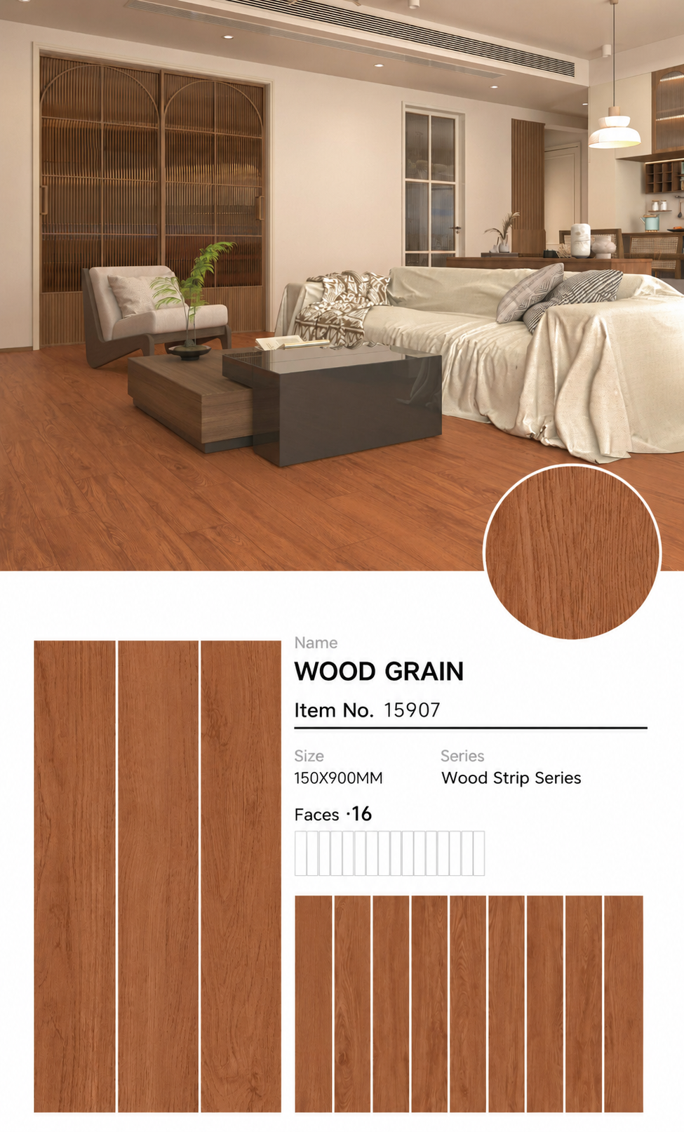Wood Look Porcelain Floor Tile Plank 150x900mm - Living Room Bedroom Hallway - Item No. 15907