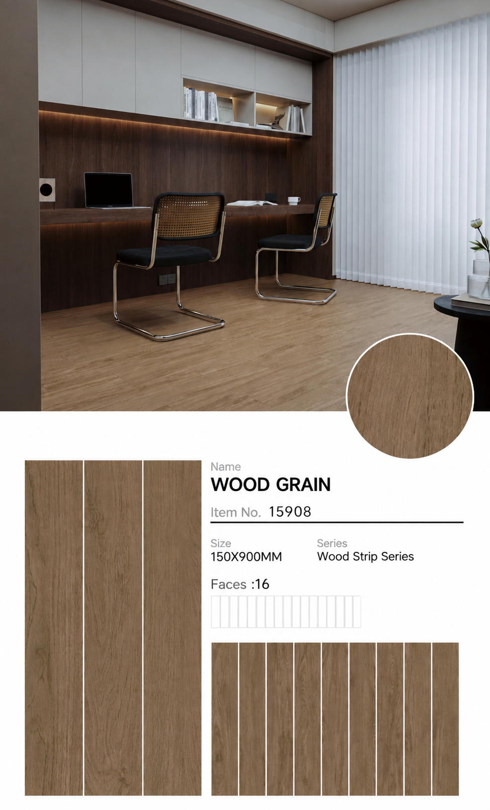 Wood Look Porcelain Floor Tile Plank 150x900mm - Living Room Bedroom Hallway - Item No. 15908