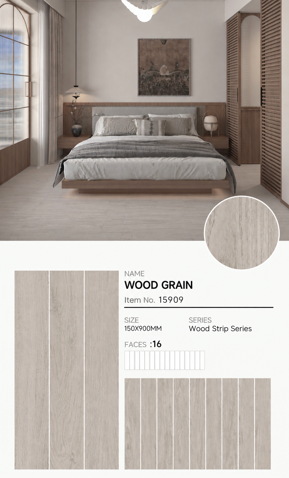 Wood Look Porcelain Floor Tile Plank 150x900mm - Living Room Bedroom Hallway - Item No. 15909