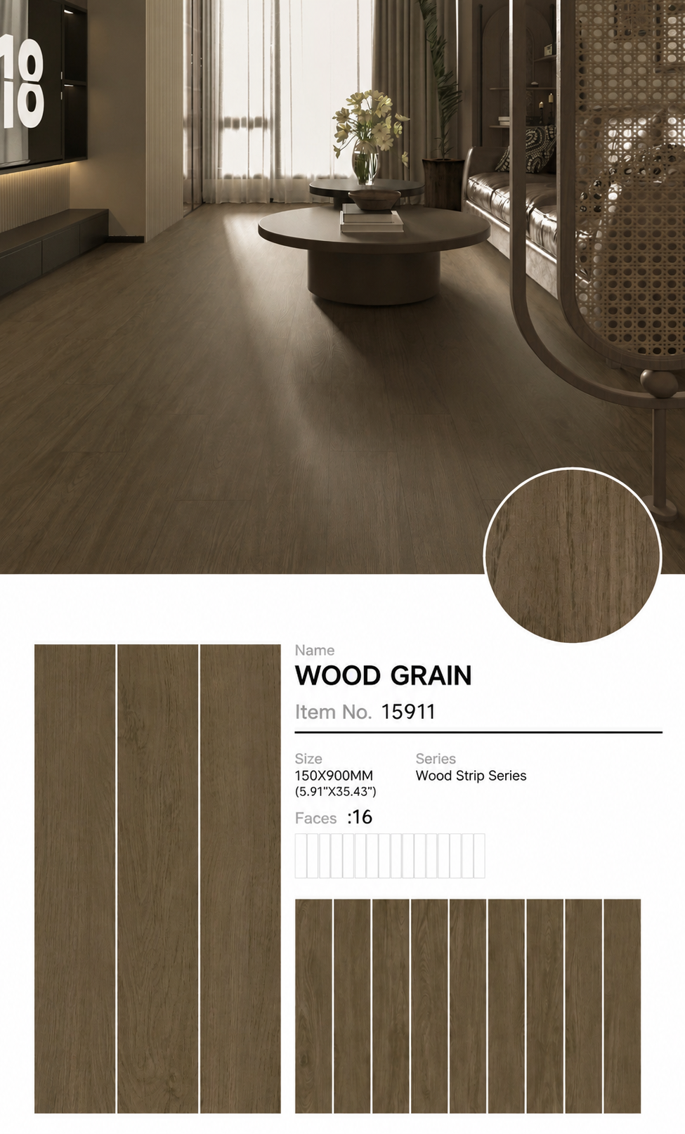 Wood Look Porcelain Floor Tile Plank 150x900mm - Living Room Bedroom Hallway - Item No. 15911