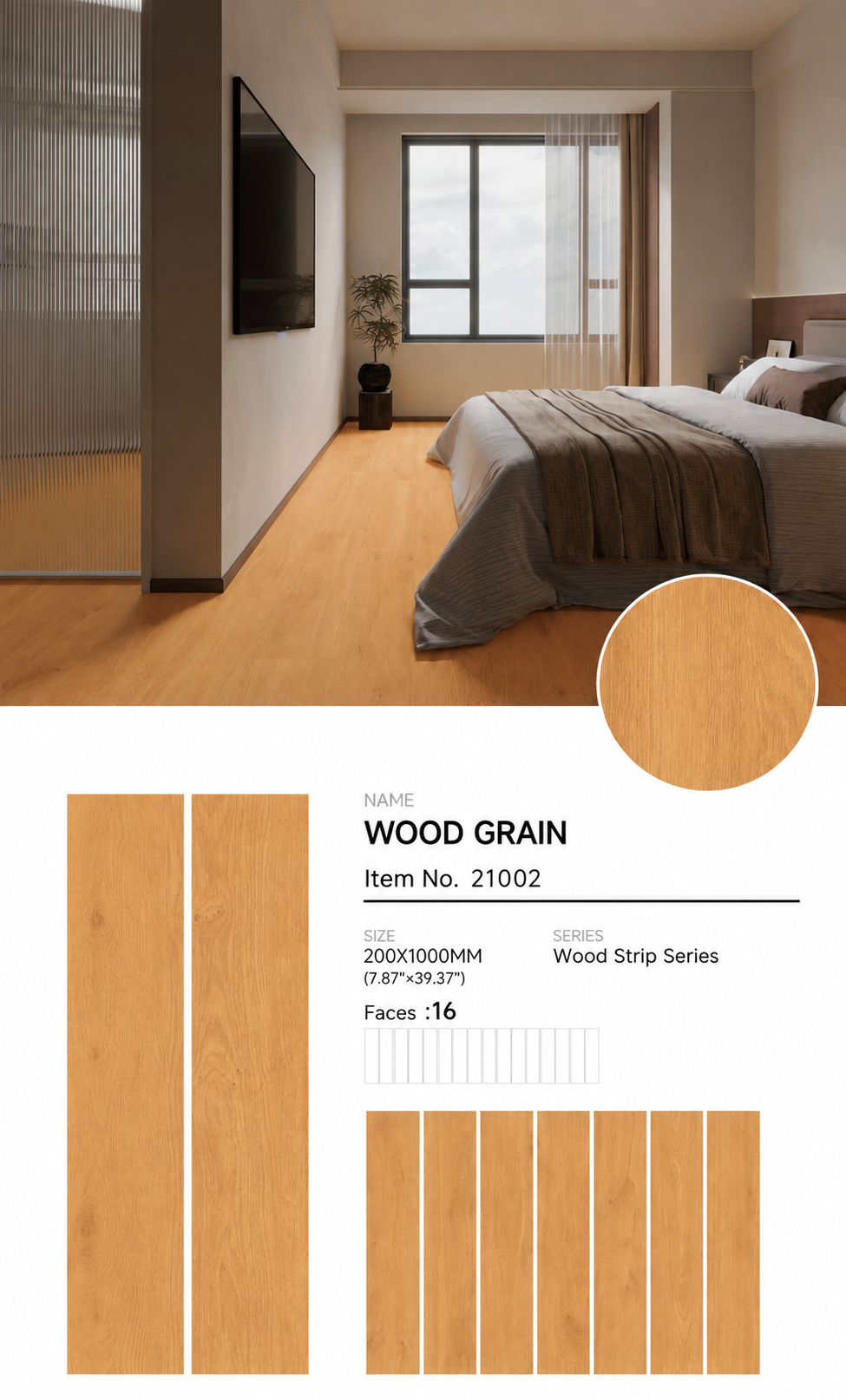 Wood Look Porcelain Floor Tile Wood Strip Plank 200x1000mm - Living Room Bedroom Kitchen - Item No. 21002