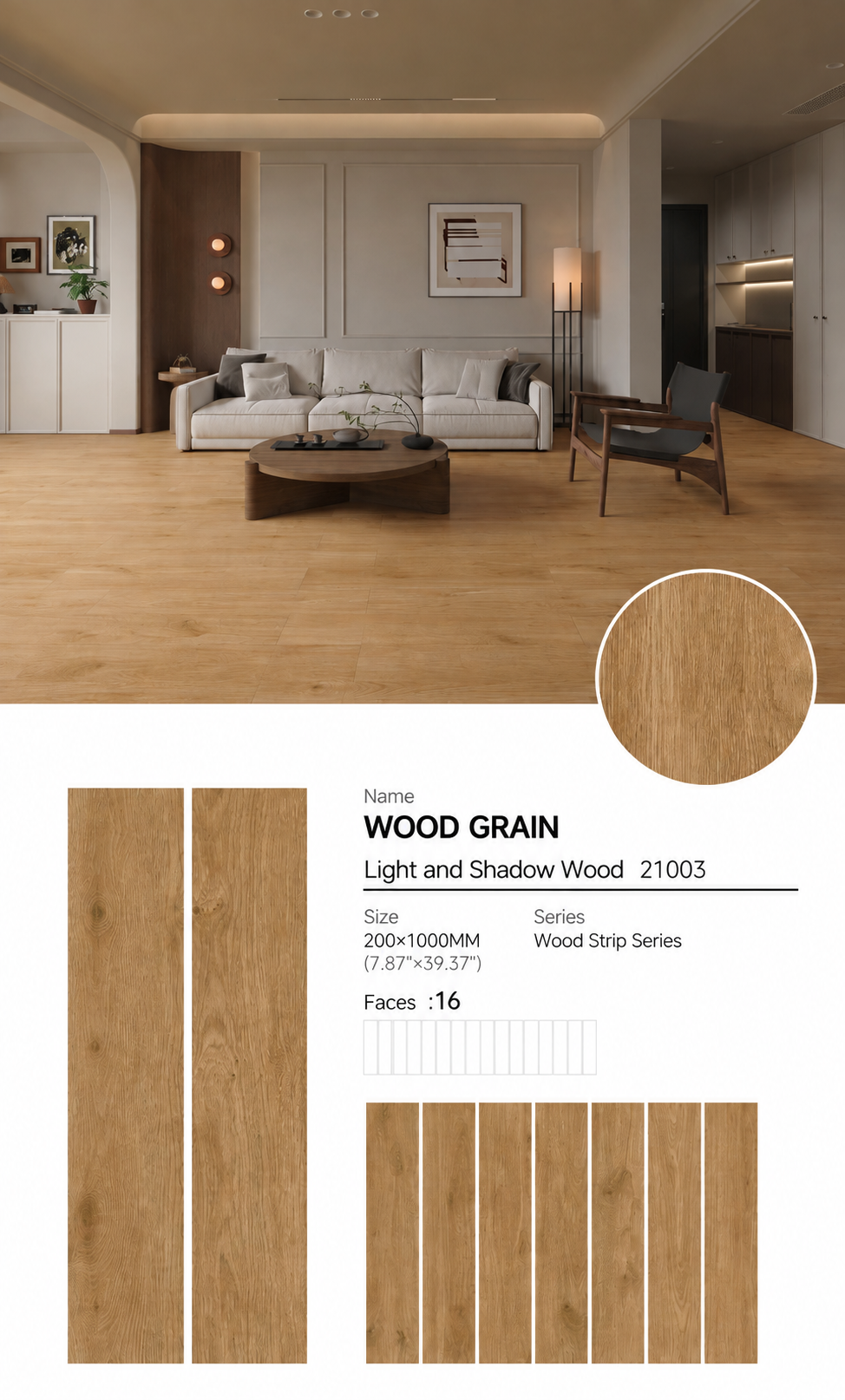 Wood Look Porcelain Floor Tile Wood Strip Plank 200x1000mm - Living Room Bedroom Kitchen - Item No. 21003