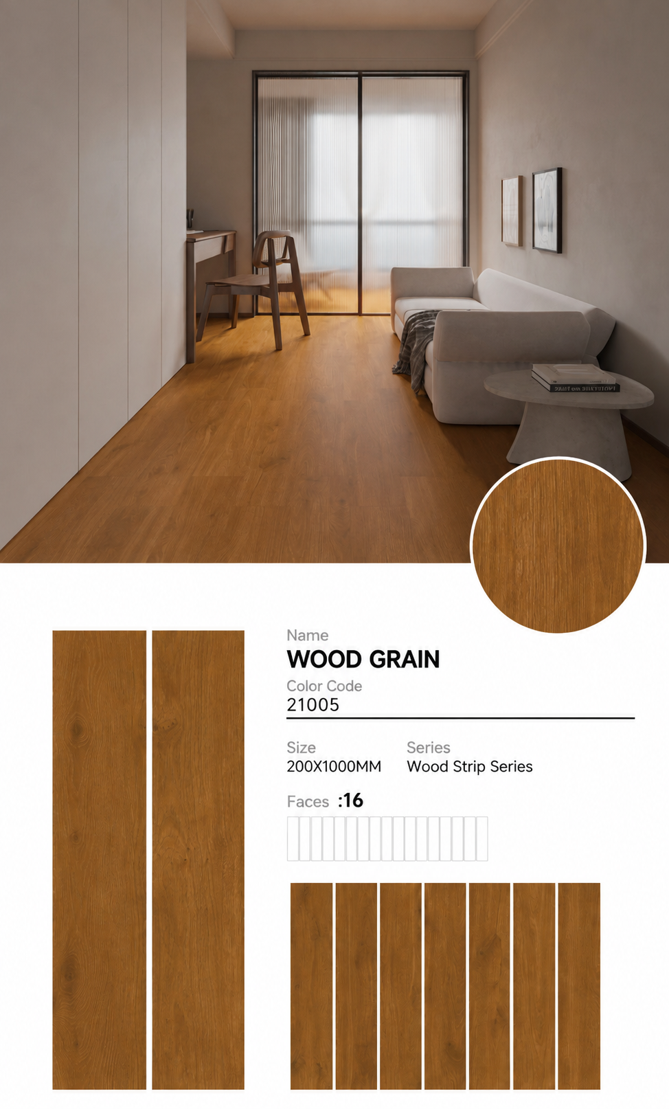 Wood Look Porcelain Floor Tile Wood Strip Plank 200x1000mm - Living Room Bedroom Kitchen - Item No. 21005