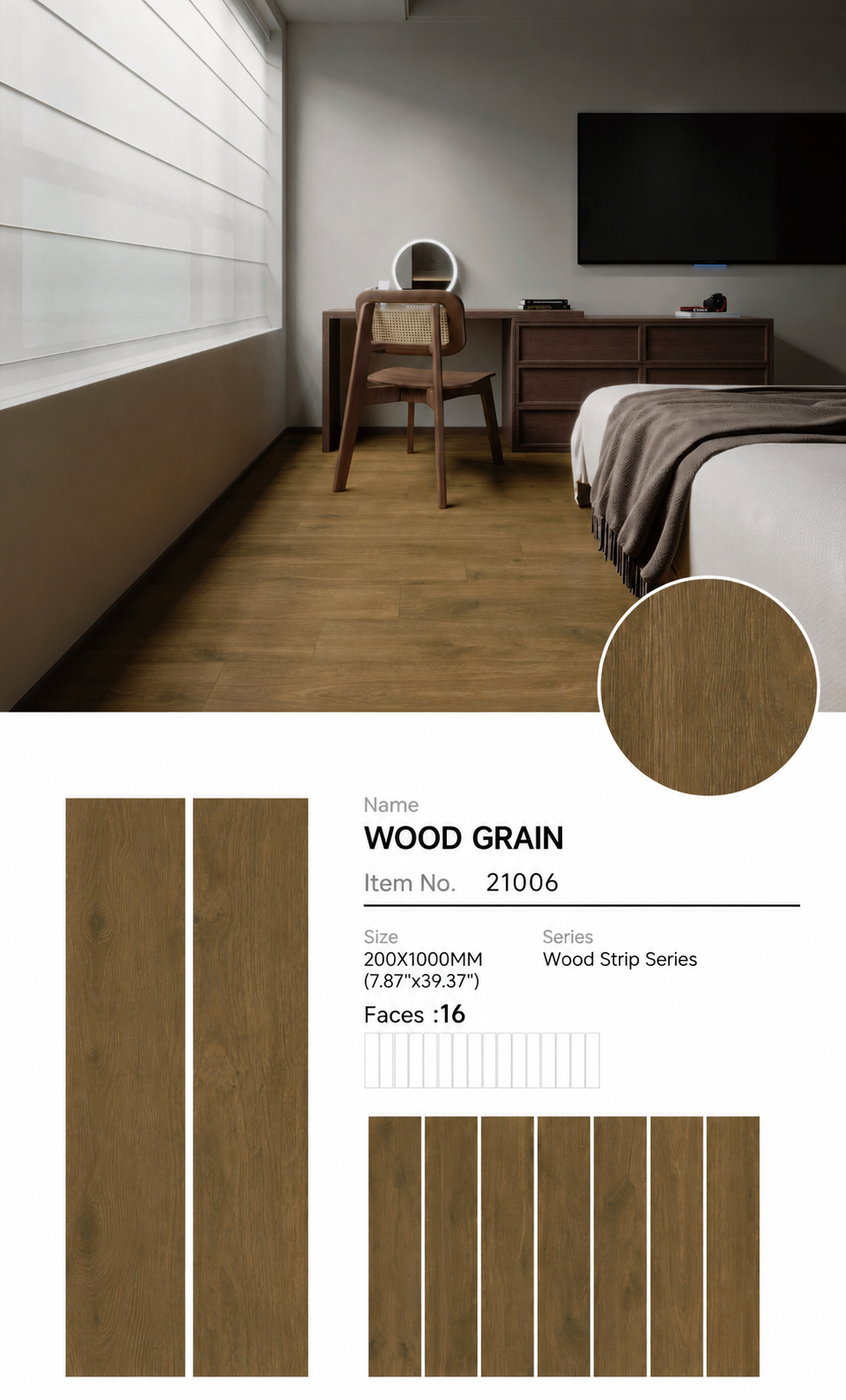 Wood Look Porcelain Floor Tile Wood Strip Plank 200x1000mm - Living Room Bedroom Kitchen - Item No. 21006