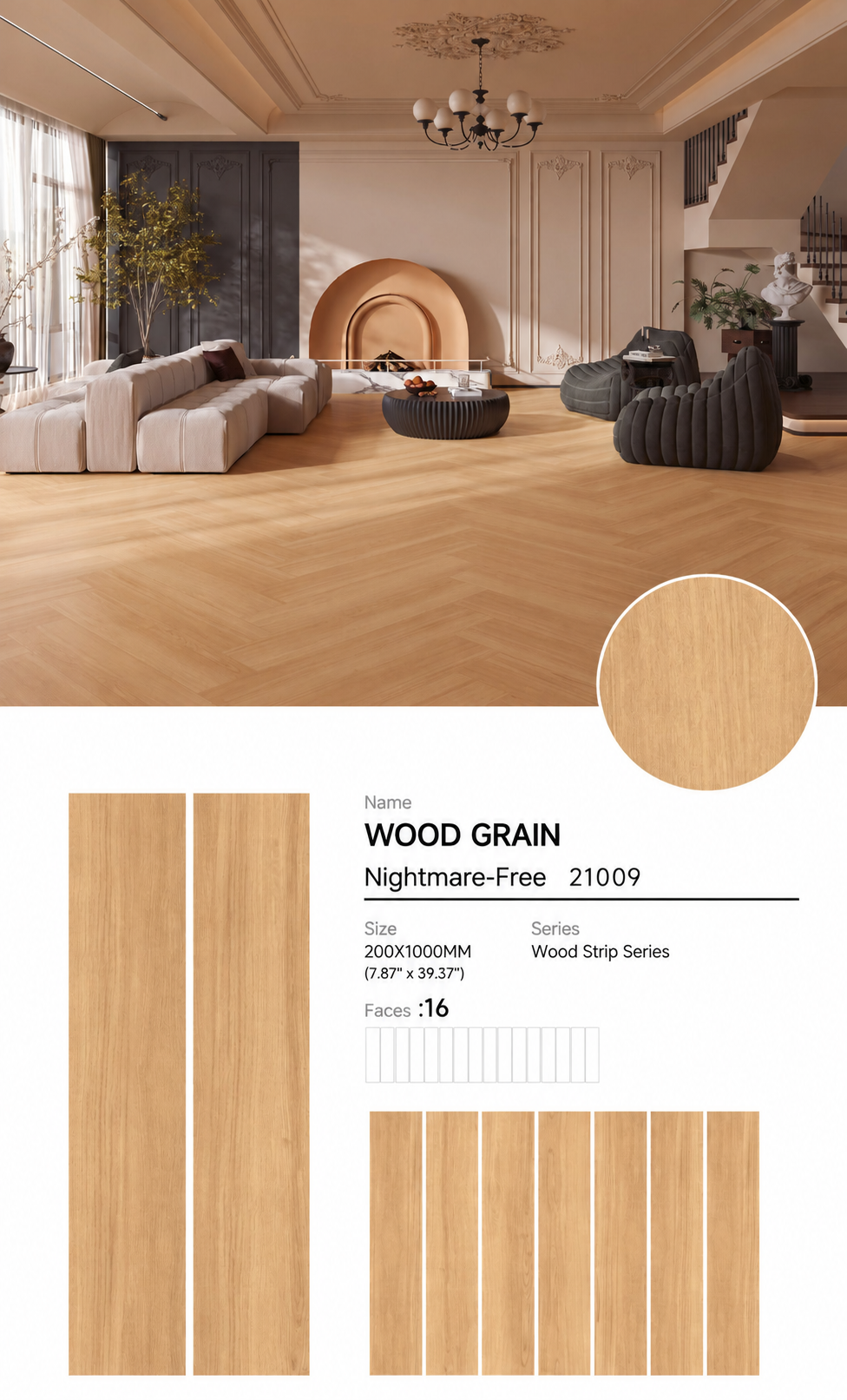 Wood Look Porcelain Floor Tile Wood Strip Plank 200x1000mm - Living Room Bedroom Kitchen - Item No. 21009