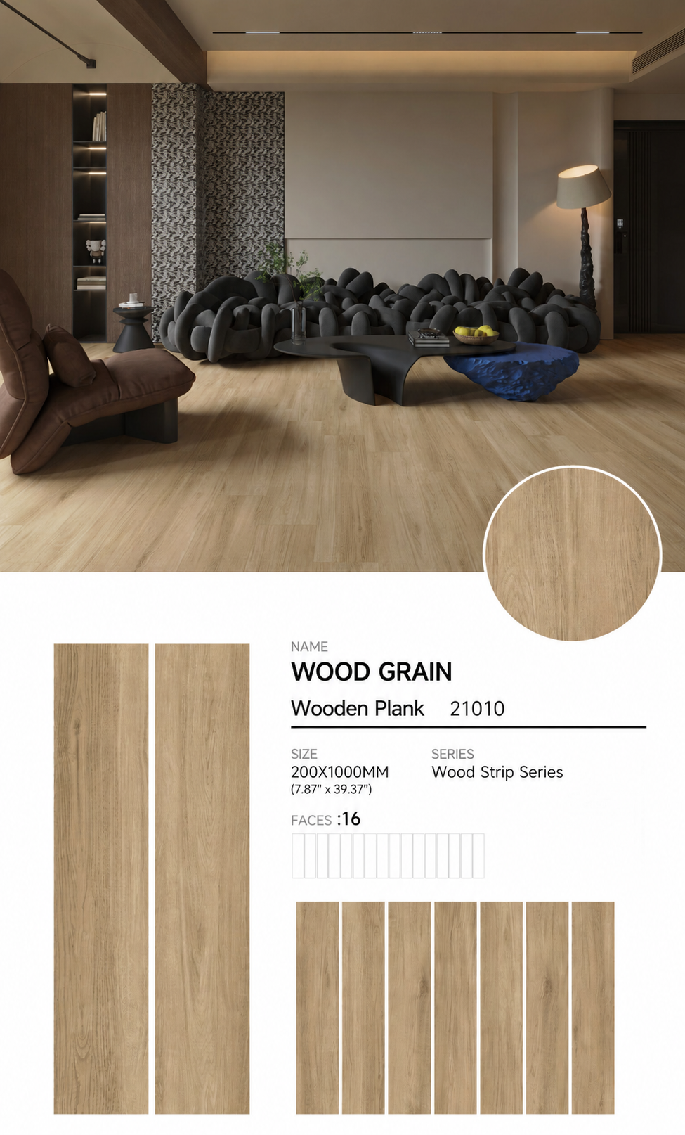 Wood Look Porcelain Floor Tile Wood Strip Plank 200x1000mm - Living Room Bedroom Kitchen - Item No. 21010