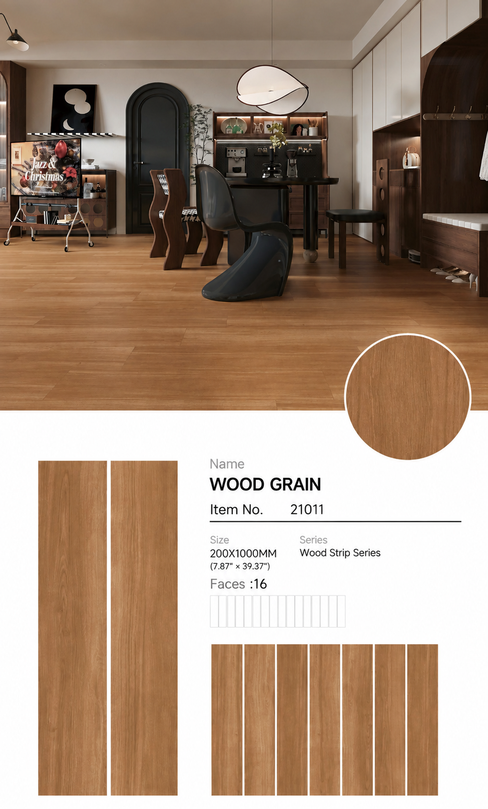 Wood Look Porcelain Floor Tile Wood Strip Plank 200x1000mm - Living Room Bedroom Kitchen - Item No. 21011