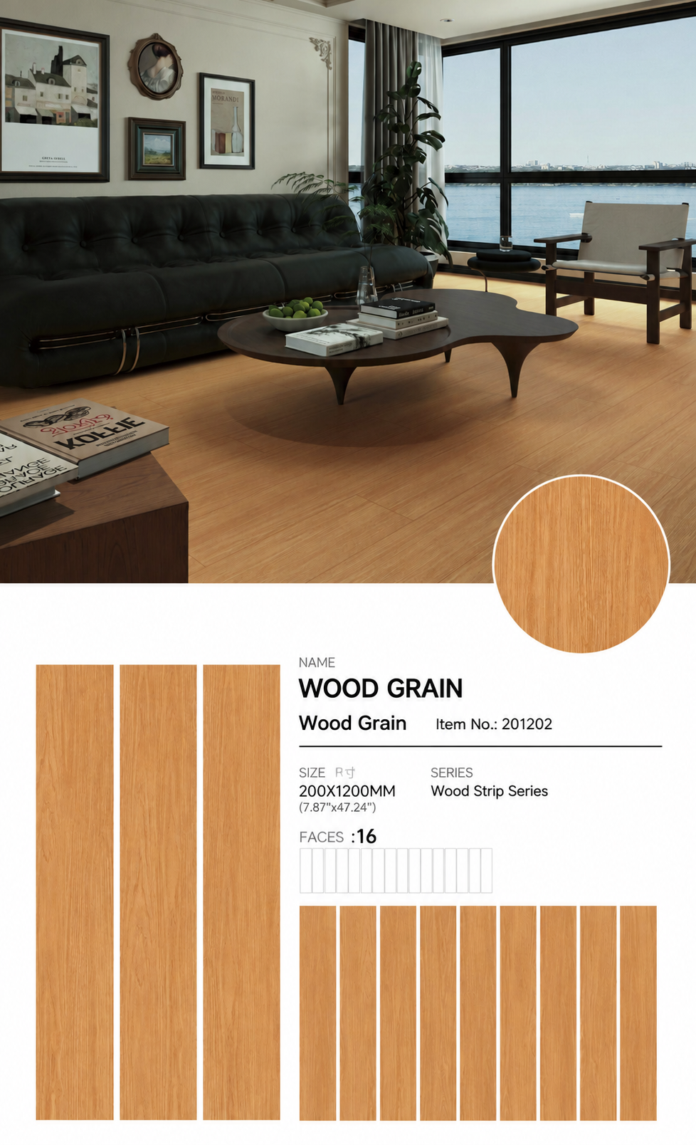 Wood Look Porcelain Floor Tile Wood Strip Plank 200x1200mm - Living Room Bedroom Kitchen - Item No. 201202