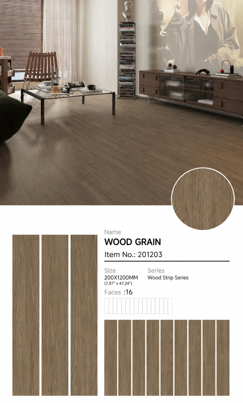 Wood Look Porcelain Floor Tile Wood Strip Plank 200x1200mm - Living Room Bedroom Kitchen - Item No. 201203