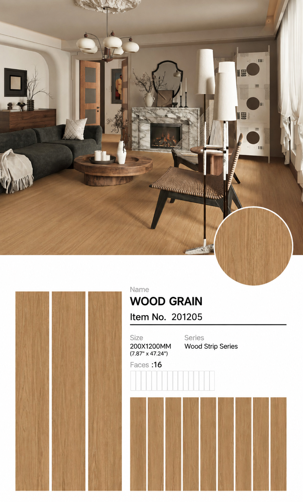 Wood Look Porcelain Floor Tile Wood Strip Plank 200x1200mm - Living Room Bedroom Kitchen - Item No. 201205