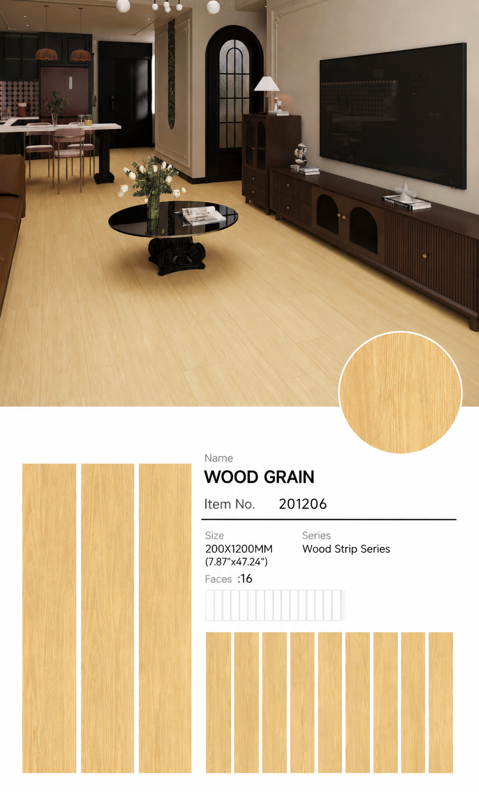 Wood Look Porcelain Floor Tile Wood Strip Plank 200x1200mm - Living Room Bedroom Kitchen - Item No. 201206