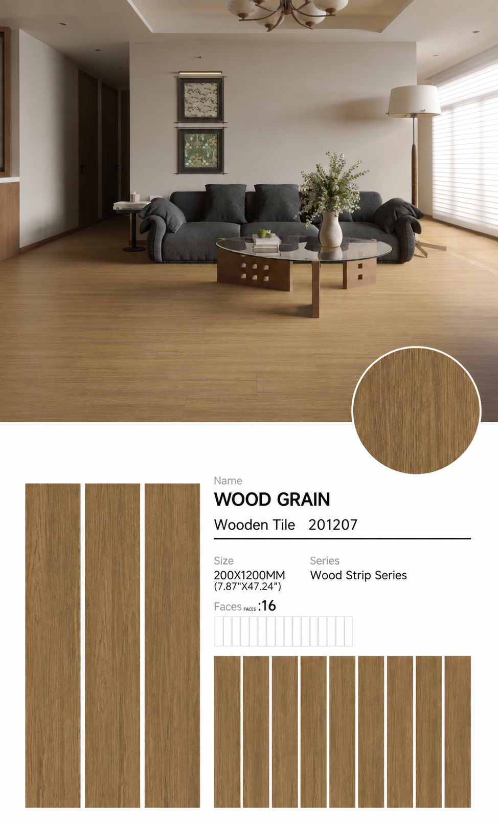 Wood Look Porcelain Floor Tile Wood Strip Plank 200x1200mm - Living Room Bedroom Kitchen - Item No. 201207