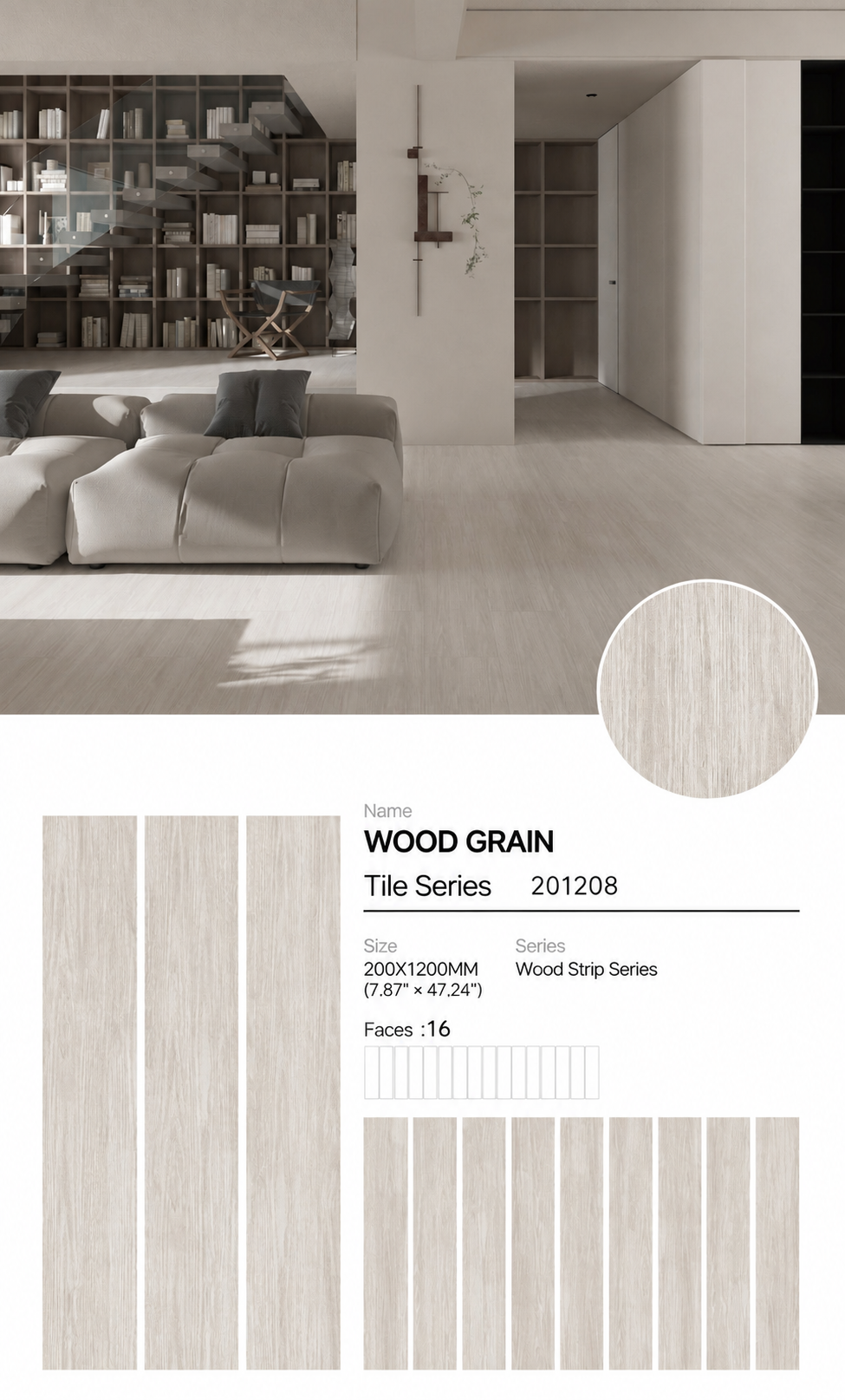 Wood Look Porcelain Floor Tile Wood Strip Plank 200x1200mm - Living Room Bedroom Kitchen - Item No. 201208