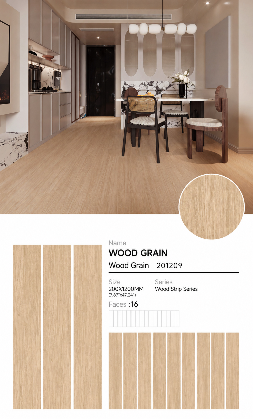 Wood Look Porcelain Floor Tile Wood Strip Plank 200x1200mm - Living Room Bedroom Kitchen - Item No. 201209