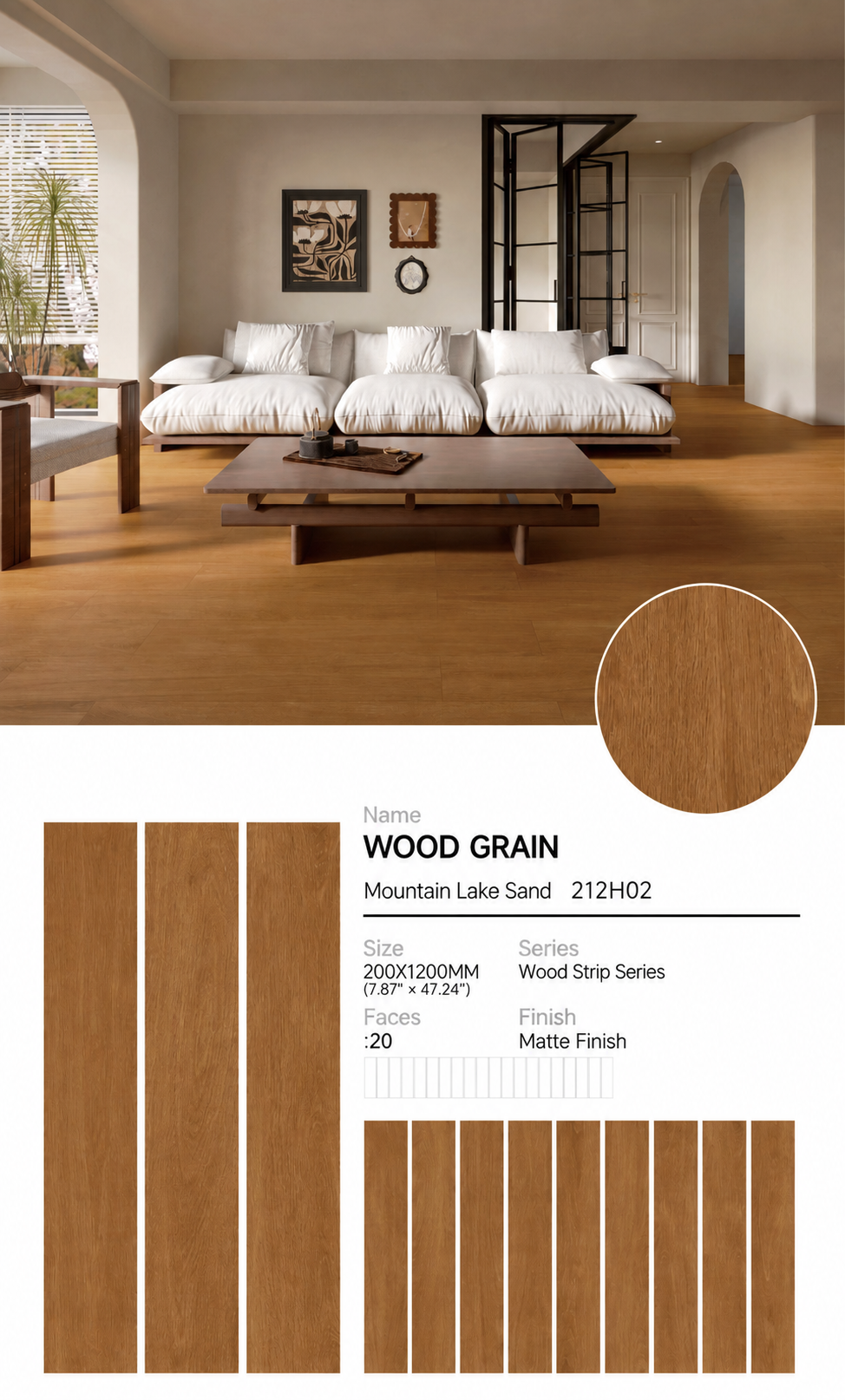Wood Look Porcelain Floor Tile Wood Strip Full Body Plank 200x1200mm - Living Room Bedroom Kitchen - Item No. 212H02