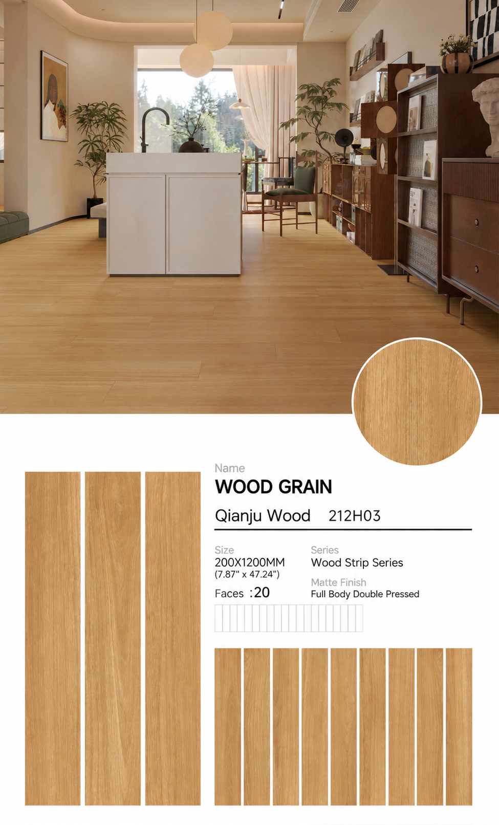 Wood Look Porcelain Floor Tile Wood Strip Full Body Plank 200x1200mm - Living Room Bedroom Kitchen - Item No. 212H03