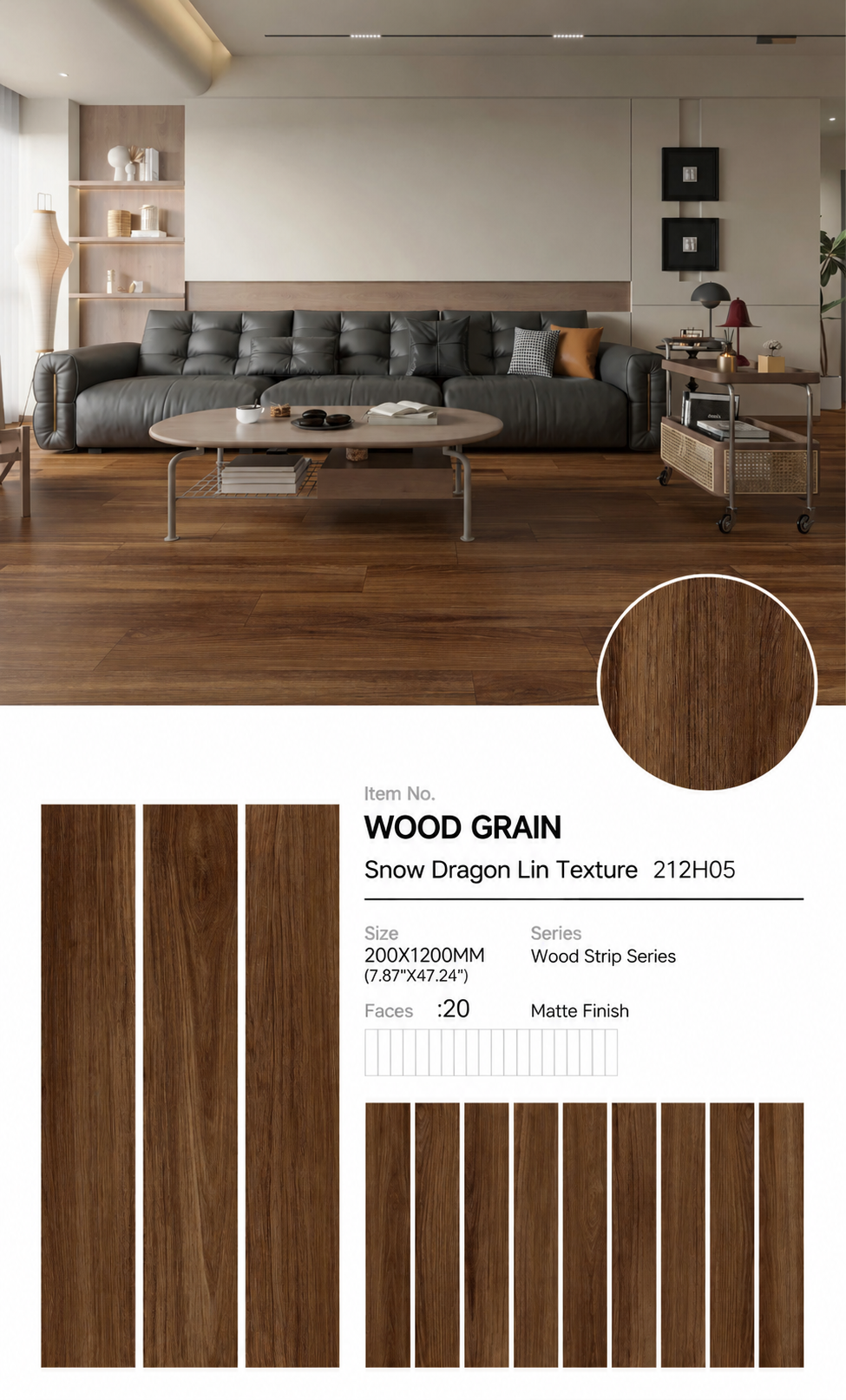 Wood Look Porcelain Floor Tile Wood Strip Full Body Plank 200x1200mm - Living Room Bedroom Kitchen - Item No. 212H05