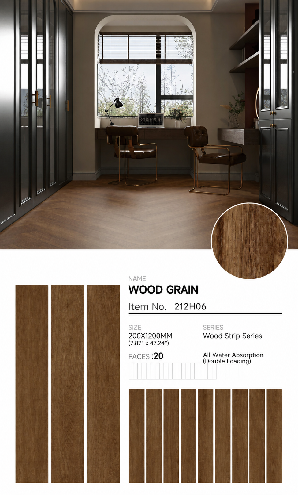 Wood Look Porcelain Floor Tile Wood Strip Full Body Plank 200x1200mm - Living Room Bedroom Kitchen - Item No. 212H06
