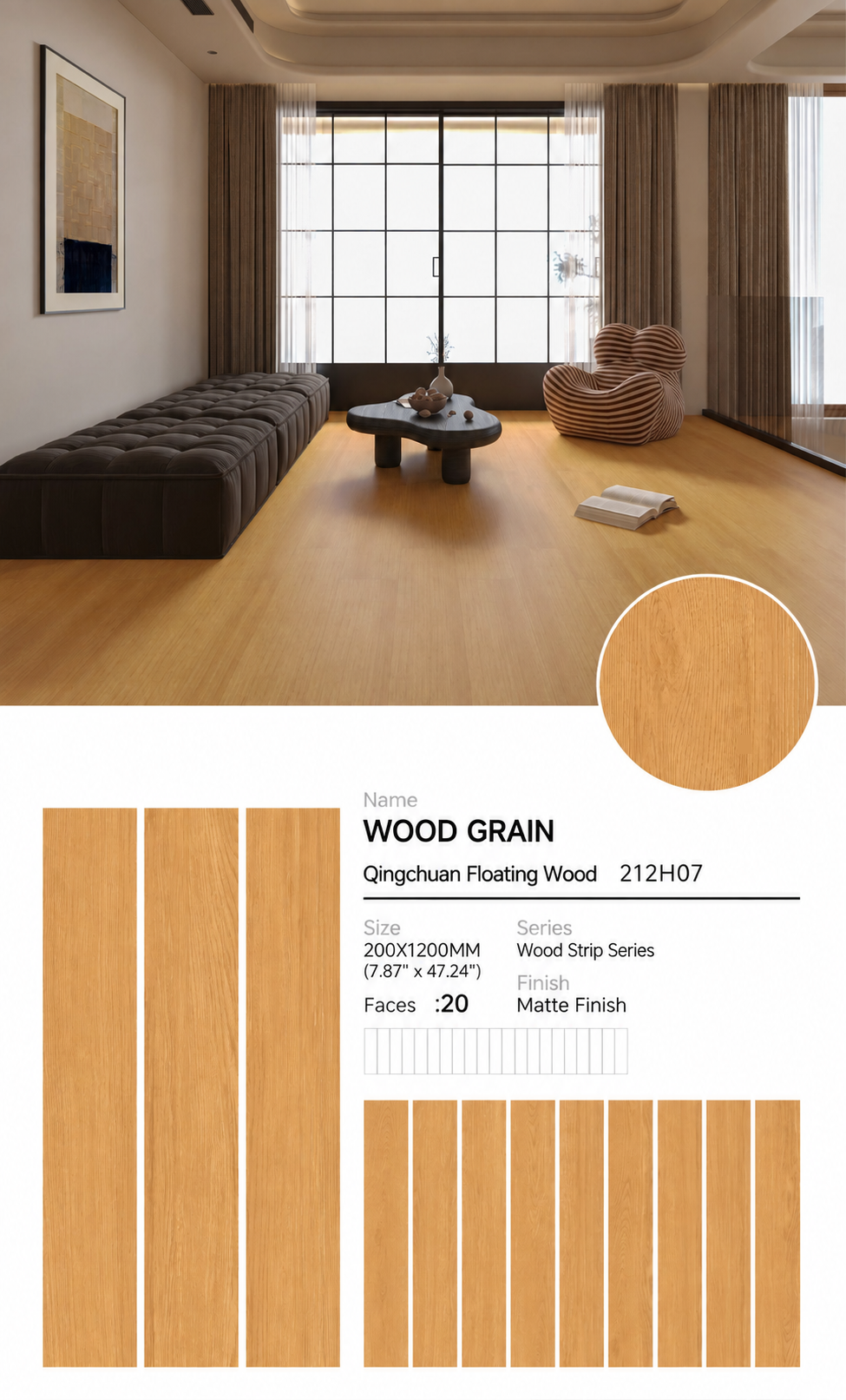 Wood Look Porcelain Floor Tile Wood Strip Full Body Plank 200x1200mm - Living Room Bedroom Kitchen - Item No. 212H07
