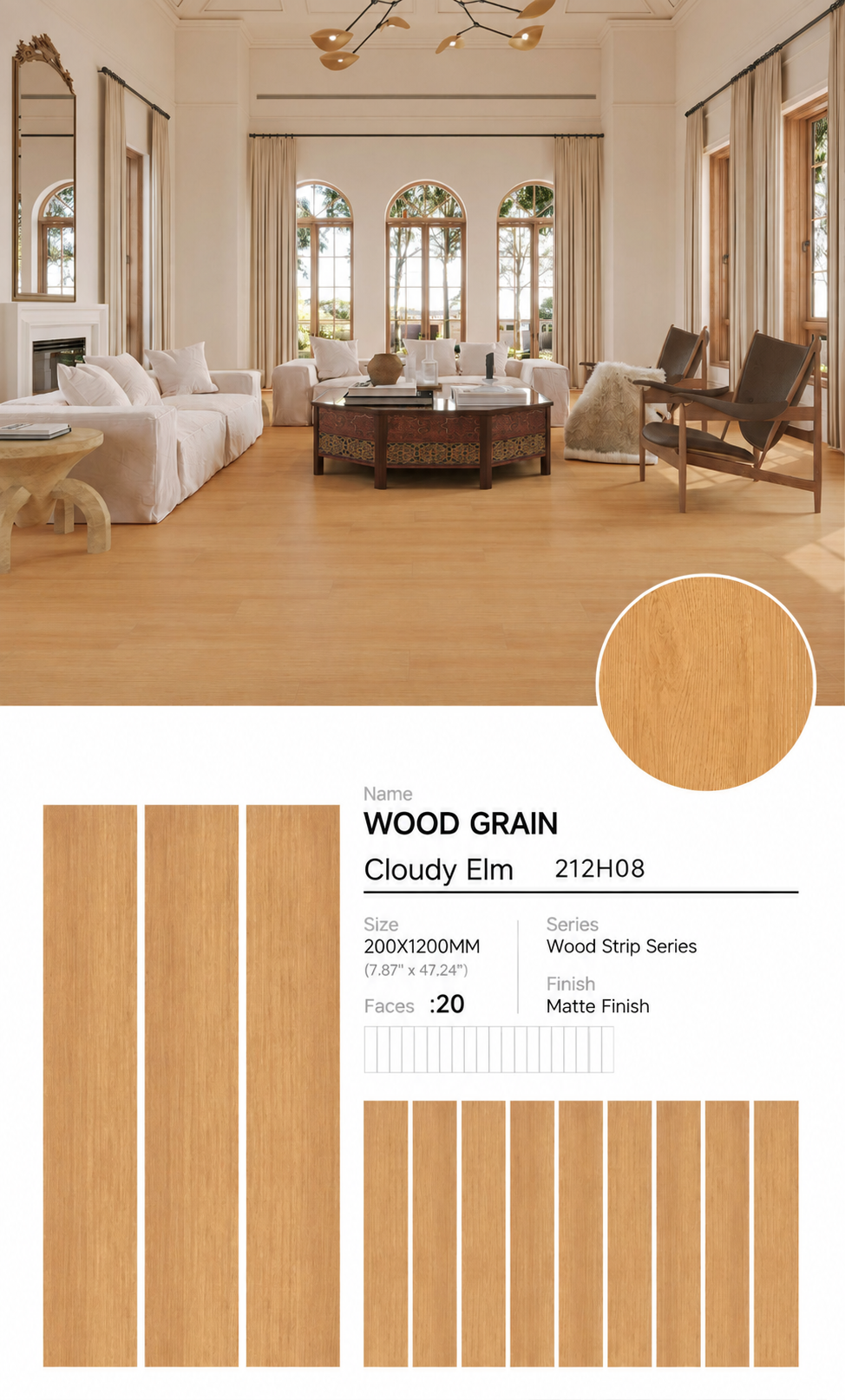 Wood Look Porcelain Floor Tile Wood Strip Full Body Plank 200x1200mm - Living Room Bedroom Kitchen - Item No. 212H08