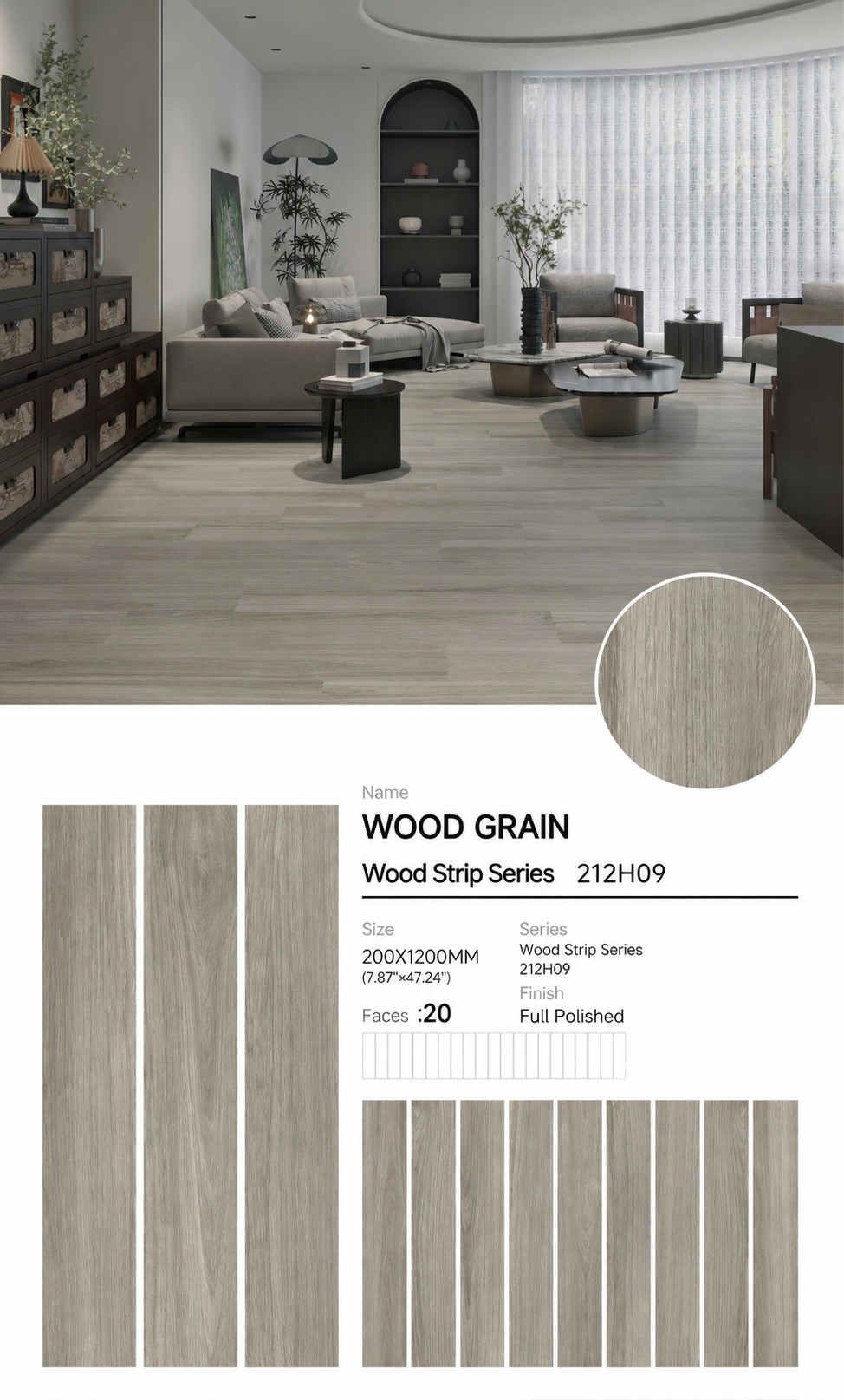 Wood Look Porcelain Floor Tile Wood Strip Full Body Plank 200x1200mm - Living Room Bedroom Kitchen - Item No. 212H09