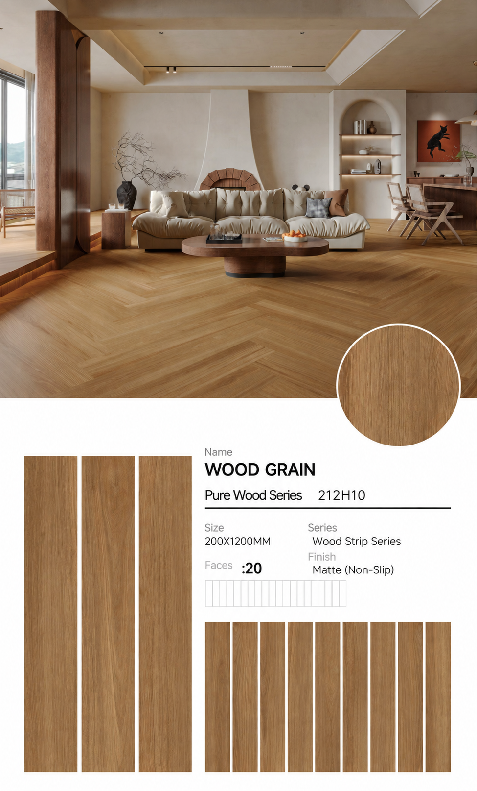 Wood Look Porcelain Floor Tile Wood Strip Full Body Plank 200x1200mm - Living Room Bedroom Kitchen - Item No. 212H10