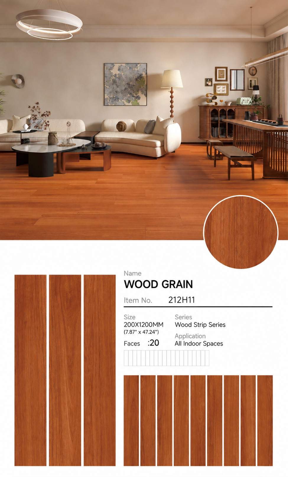 Wood Look Porcelain Floor Tile Wood Strip Full Body Plank 200x1200mm - Living Room Bedroom Kitchen - Item No. 212H11