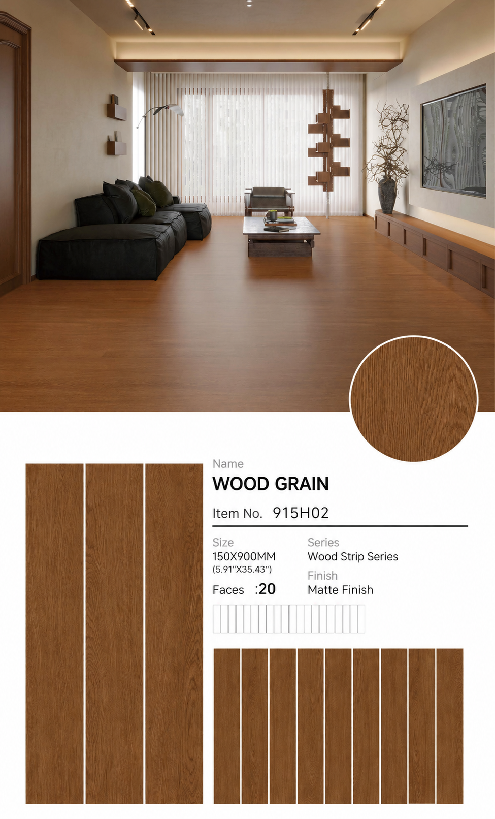 Wood Look Porcelain Floor Tile Wood Strip Full Body Plank 150x900mm - Living Room Bedroom Hallway - Item No. 915H02
