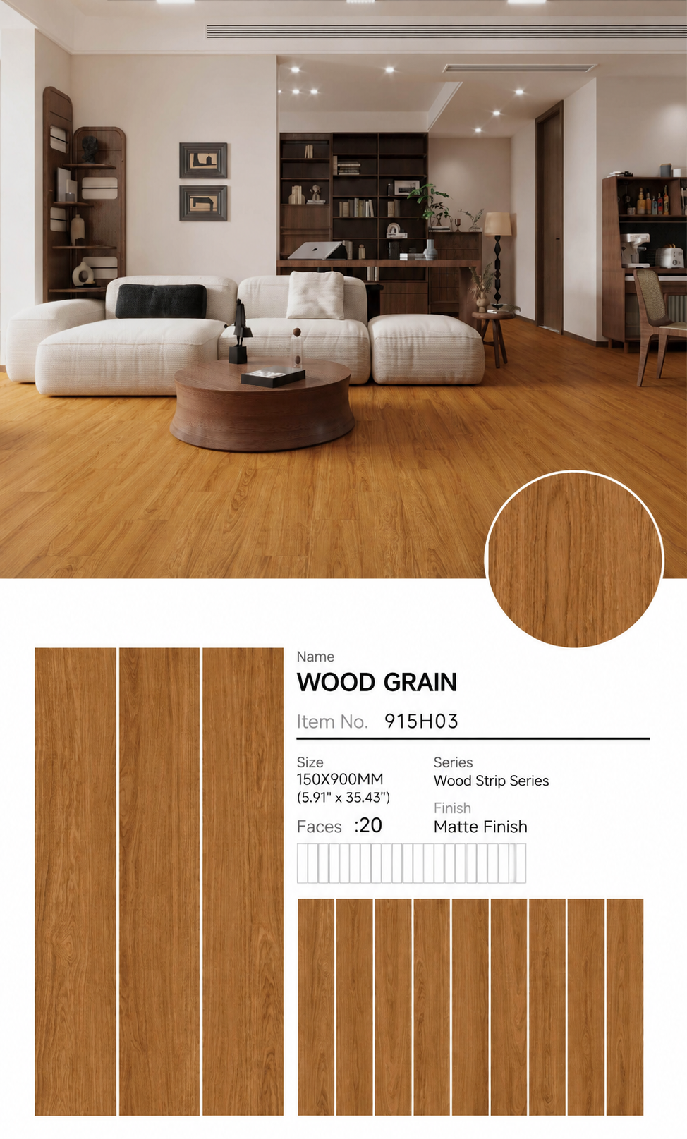 Wood Look Porcelain Floor Tile Wood Strip Full Body Plank 150x900mm - Living Room Bedroom Hallway - Item No. 915H03