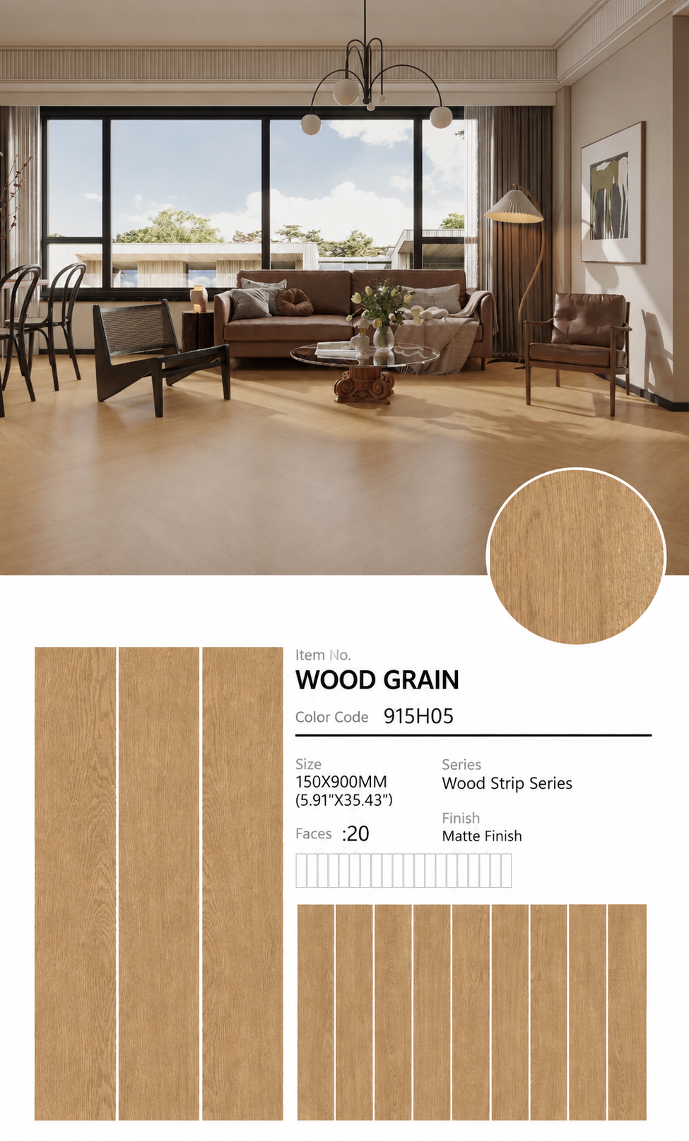 Wood Look Porcelain Floor Tile Wood Strip Full Body Plank 150x900mm - Living Room Bedroom Hallway - Item No. 915H05