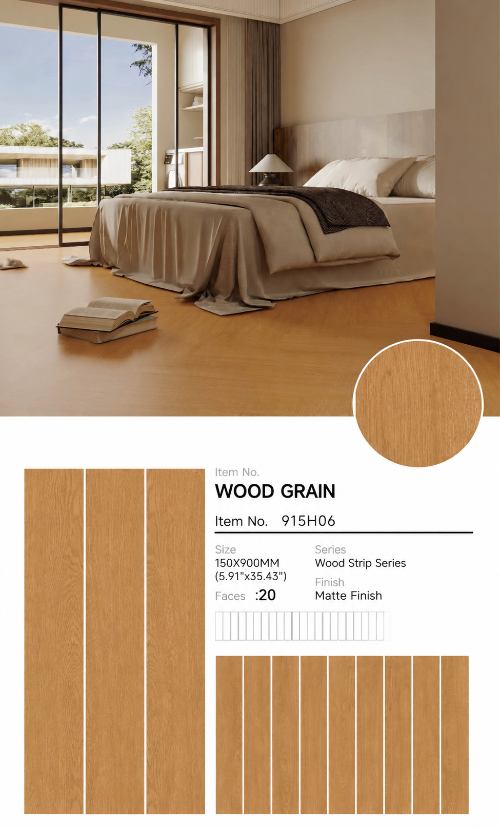 Wood Look Porcelain Floor Tile Wood Strip Full Body Plank 150x900mm - Living Room Bedroom Hallway - Item No. 915H06