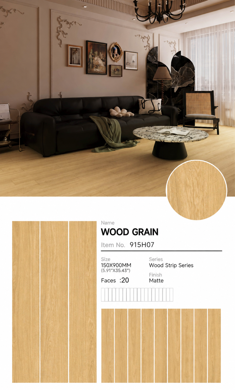 Wood Look Porcelain Floor Tile Wood Strip Full Body Plank 150x900mm - Living Room Bedroom Hallway - Item No. 915H07