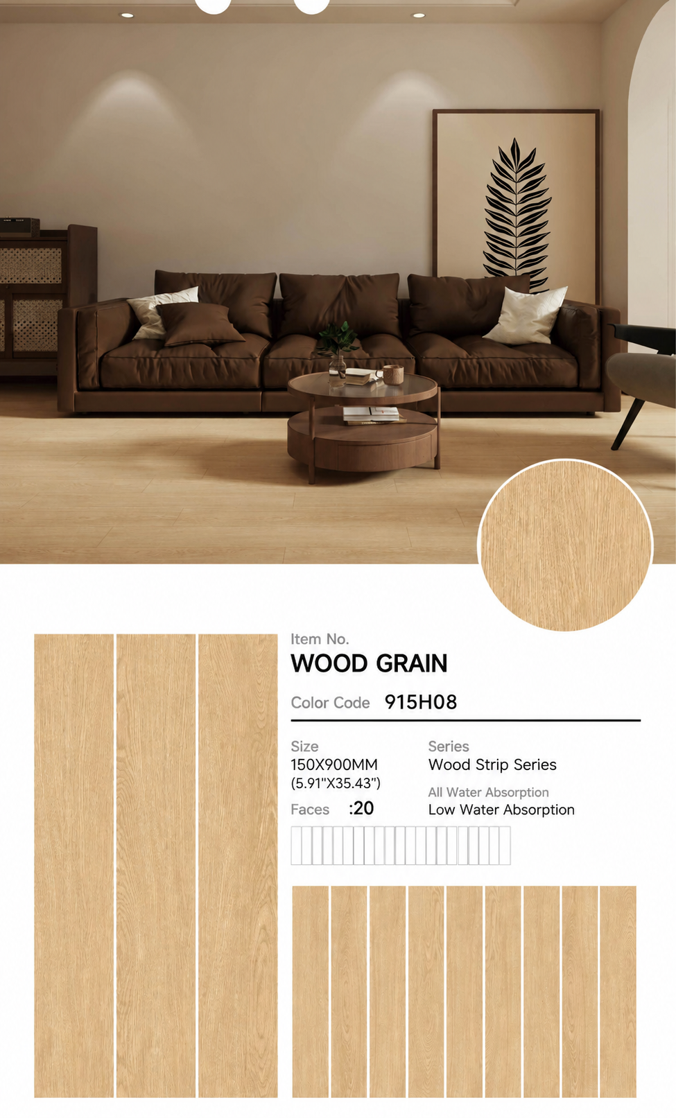 Wood Look Porcelain Floor Tile Wood Strip Full Body Plank 150x900mm - Living Room Bedroom Hallway - Item No. 915H08