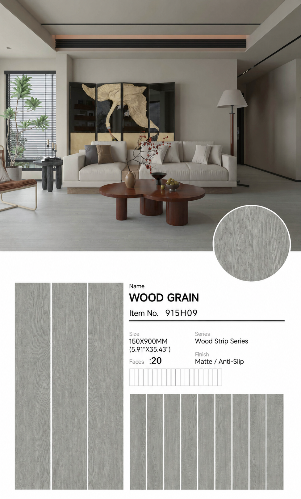 Wood Look Porcelain Floor Tile Wood Strip Full Body Plank 150x900mm - Living Room Bedroom Hallway - Item No. 915H09