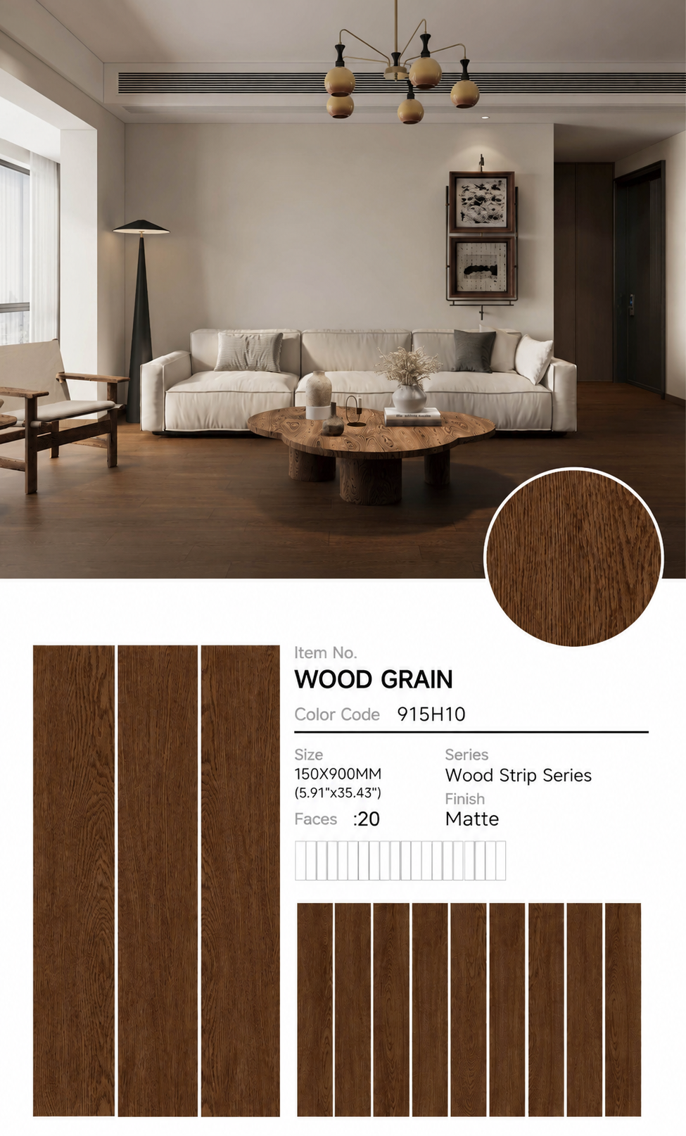 Wood Look Porcelain Floor Tile Wood Strip Full Body Plank 150x900mm - Living Room Bedroom Hallway - Item No. 915H10