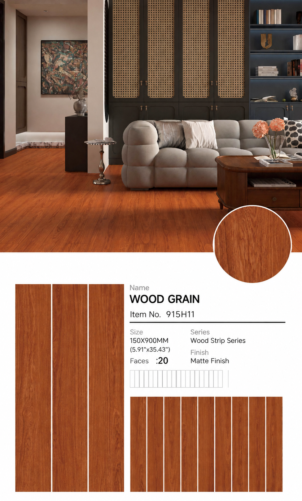 Wood Look Porcelain Floor Tile Wood Strip Full Body Plank 150x900mm - Living Room Bedroom Hallway - Item No. 915H11