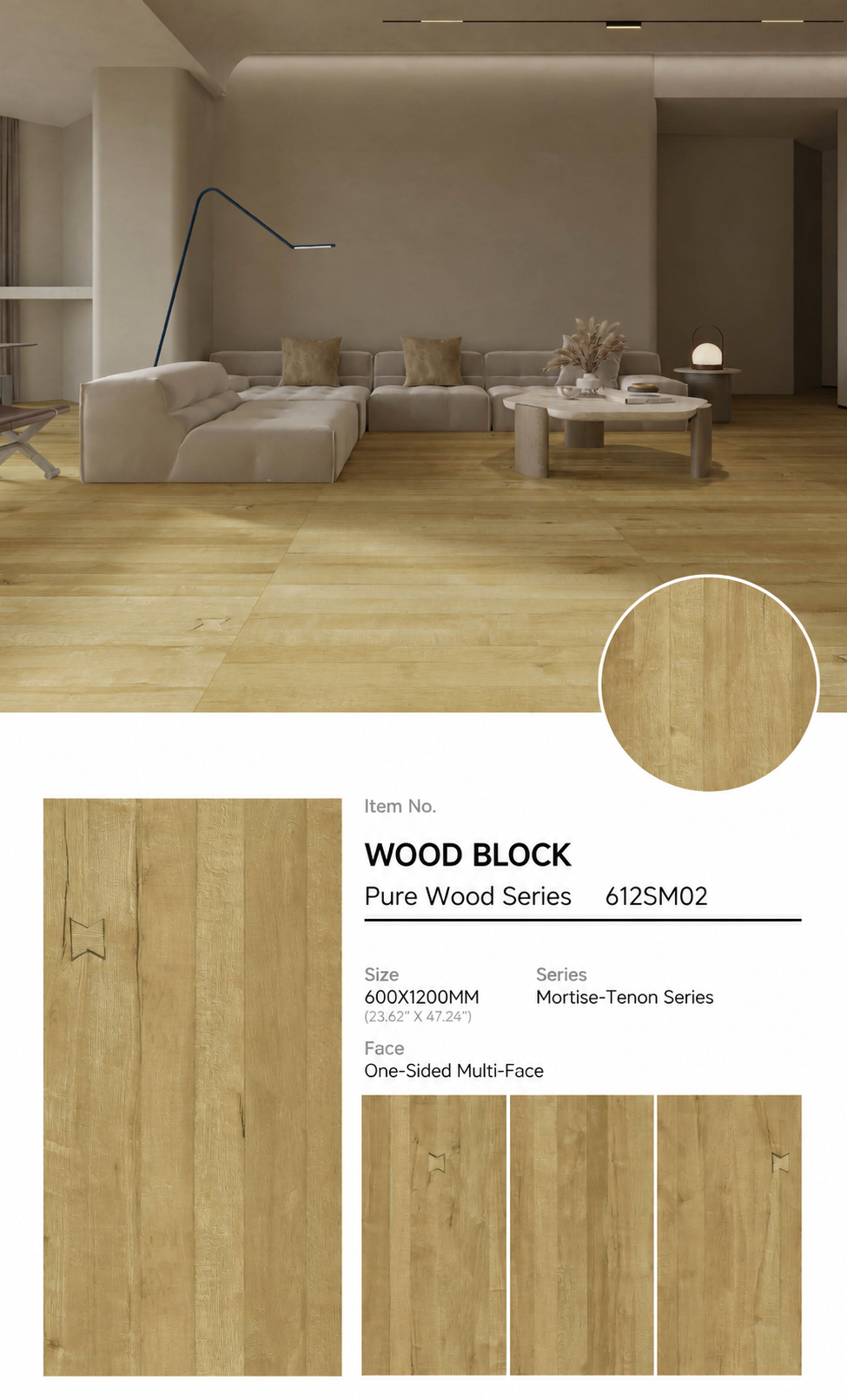 Wood Look Porcelain Floor Tile Mortise Tenon Plank 600x1200mm - Living Room Hallway Open Plan - Item No. 612SM02